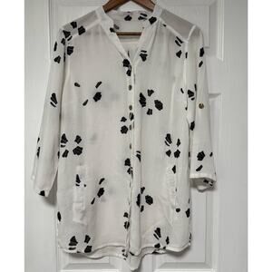 Fridaze Women's 100%Linen Button Front Roll Tab Sleeve Tunic Top Size Small